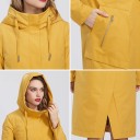 Casaco longa feminina com capuz ajustável Fecho com zip e botões de pressão Grandes bolsos com um bolso com zip Abertura nas costas 6