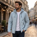 Casaco masculino à prova de vento com capuz e fecho éclair, com cordão ajustável, bolsos laterais e punhos ajustáveis com velcro 7