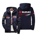 Casaco masculino à prova de vento com capuz e fecho éclair com estampado em estilo de corrida de motocicleta no peito e nas costas 14