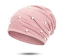 Casquette beanie pour femme ornée d'imitation de perles et de strass brillants Coupe ample avec doux ruché Tricot fin en polyester 3