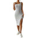 Casual geribbelde gebreide jurk, knielange jurk, bodycon jurk met hoge split en brede bandjes, casual jurk voor dames 3