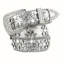 Ceinture rock pour femme avec crâne et cristaux en cuir PU 110 cm Ceinture stylée avec crâne en métal Strass brillants Accessoire de mode 6