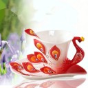 Ceramic Tea Cup 175 ml with Saucer and Spoon Handle in the Shape of a Peacock Relief Peacock Feathers on the Cup and Saucer Spoon 1