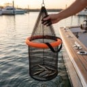 Cesto flutuante para peixes vivos Dobrável 35 x 42 cm Rede de nylon Flutuador em espuma EPE Preto-laranja Para iscas e pesca 2