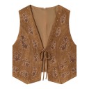 Chaleco de ante para mujer con patrón vegetal bordado y costuras decorativas en los bordes con atado de cordón y escote en V profundo 5