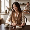 Chaleco de ante para mujer con patrón vegetal bordado y costuras decorativas en los bordes con atado de cordón y escote en V profundo 3