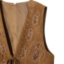 Chaleco de ante para mujer con patrón vegetal bordado y costuras decorativas en los bordes con atado de cordón y escote en V profundo 7