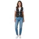 Chaleco de ante para mujer con patrón vegetal bordado y costuras decorativas en los bordes con atado de cordón y escote en V profundo 2
