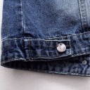 Chaleco de mezclilla para mujer con perlas decorativas Cuello clásico Bolsillos en el pecho con solapa Efecto desgastado Denim azul con algodón 4