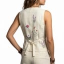 Chaleco de mujer con botones, escote en V y bordados de flores en el frente y en la espalda, con cinturón ajustable y hebilla metálica en la parte posterior 2