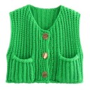 Chaleco de punto elegante para mujer con escote en V y bolsillos Chaleco de un solo color con cierre de botones Suéter de poliéster 9