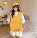 Chaleco de punto sin mangas para mujer con escote en V Corte holgado oversize Longitud prolongada Rayas contrastantes en los dobladillos 2