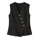 Chaleco elegante para mujer con escote en V y cierre asimétrico de botones con pliegues en el borde inferior y costuras moldeadas 6