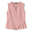 Chaleco elegante para mujer con escote en V y cierre asimétrico de botones con pliegues en el borde inferior y costuras moldeadas 5