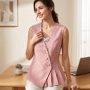 Chaleco elegante para mujer con escote en V y cierre asimétrico de botones con pliegues en el borde inferior y costuras moldeadas 3