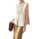 Chaleco jacquard femenino de estilo chino con cuello alzado y botones decorativos de nudos con largas cintas y aberturas en los lados 1