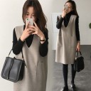 Chaleco largo sin mangas para mujer con escote en V Color gris-beige Dos bolsillos cosidos Corte recto Poliéster Para superponer sobre un suéter 2