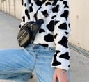Chaqueta corta de mujer con patrón en blanco y negro Superficie de felpa suave Cuello y cierre con cremallera Mangas largas Algodón y nailon 2
