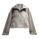 Chaqueta corta de mujer con patrón y cremallera con cuello y tiras decorativas con hebillas en las mangas corte holgado talla universal 5