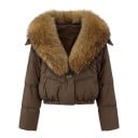 Chaqueta corta de mujer con plumón de pato y cuello marrón dorado de piel auténtica, acolchada con dobladillo elástico para invierno en frío 4