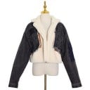 Chaqueta corta de mujer de felpa y mezclilla Estilo patchwork Gran cuello de felpa Bordes deshilachados Bolsillo en la manga Poliéster 1