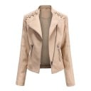 Chaqueta corta de mujer de piel sintética Cierre asimétrico Cordón decorativo en los hombros Cuello con solapa Dos bolsillos 4