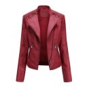 Chaqueta corta de mujer de piel sintética Cierre asimétrico Cordón decorativo en los hombros Cuello con solapa Dos bolsillos 8