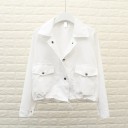Chaqueta corta de primavera para mujer con cuello ancho Dos grandes bolsillos con solapas Cierre con botones de metal Cordón ajustable 2