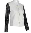 Chaqueta corta para mujer de primavera y otoño con mangas de cuero sintético Patrón de rombos estructurado Cuello redondo sin solapa Cierre 7