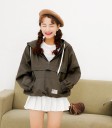Chaqueta de anorak de primavera para mujer en estilo japonés con capucha Cierre de cremallera en el pecho Bolsillo tipo canguro Puños 30