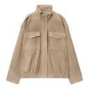 Chaqueta de ante para mujer con cuello alto y bolsillos en el pecho con solapa, con hombreras y dobladillo elástico oversize para el otoño 5