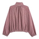 Chaqueta de camisa de cuadros para mujer con cuello de botones, con dobladillo ajustable y mangas raglán de corte holgado 2