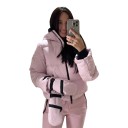 Chaqueta de esquí para mujer con capucha y bolsillos con cremallera, chaqueta acolchada rosa con mangas ajustables para esquiar y deportes 5
