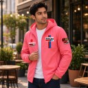 Chaqueta de hombre resistente al viento con capucha y cremallera con estampado en estilo de carrera de motocicleta en el pecho 4