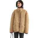 Chaqueta de invierno para mujer 95% poliéster 5% spandex Chaqueta marrón reversible con cremallera y botones de presión Por un lado piel sintética con cuello Abrigo elegante y cálido 7