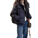 Chaqueta de invierno para mujer de algodón Chaqueta cálida con capucha Cuello alto de pie Cierre con cremallera y botones Prácticos bolsillos Ropa de invierno cómoda 3