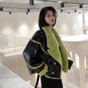 Chaqueta de invierno para mujer de piel sintética con forro de terciopelo Corte corto estilo aviador Negra con pelaje verde lima Cuello ancho 2
