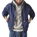 Chaqueta de mezclilla corta para hombre con capucha y cremallera, con cordón ajustable y bolsillos frontales con puños y dobladillo 1