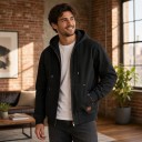 Chaqueta de mezclilla corta para hombre con capucha y cremallera, con cordón ajustable y bolsillos frontales con puños y dobladillo 11