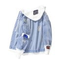 Chaqueta de mezclilla para mujer con capucha blanca y puños Efecto desgastado Mangas deshilachadas Parches de colores Bolsillos 5
