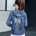 Chaqueta de mezclilla para mujer con capucha y cremallera de longitud completa Bordado de torre con reloj en la parte posterior Bolsillos frontales 3