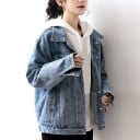 Chaqueta de mezclilla para mujer de corte holgado Azul con efecto desgastado Hombros caídos Cuello de camisa Cuatro bolsillos Cierre de botones 3