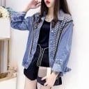Chaqueta de mezclilla para mujer decorada con aplicaciones redondas brillantes y flecos de cadena Cuello decorado y partes delanteras Corte 4