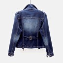 Chaqueta de mezclilla para mujer estilo motero Cierre en diagonal con cremallera Solapas anchas Hombreras Bolsillos con cremallera 3