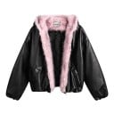 Chaqueta de mujer con aspecto de cuero y capucha forrada de piel rosa con cremallera, con bolsillos laterales y dobladillo elástico negra 2