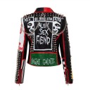 Chaqueta de mujer de piel sintética con estampado de graffiti y remaches metálicos Corte punk corto Cierre asimétrico Cinturón con hebilla 8