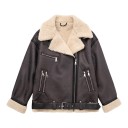 Chaqueta de mujer de piel sintética con pelo y gran cuello en cremallera diagonal con cinturón y bolsillos con cremallera oversize marrón oscuro 1