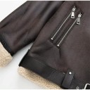 Chaqueta de mujer de piel sintética con pelo y gran cuello en cremallera diagonal con cinturón y bolsillos con cremallera oversize marrón oscuro 15