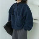 Chaqueta de mujer de primavera y otoño con botones Azul oscuro Cuello redondo sin solapa Dos grandes bolsillos Corte holgado Algodón y poliéster 5