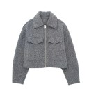 Chaqueta de otoño de lana para mujer con cremallera Corte corto Cuello solapa Dos bolsillos con solapa Abrigo elegante para el período 5
